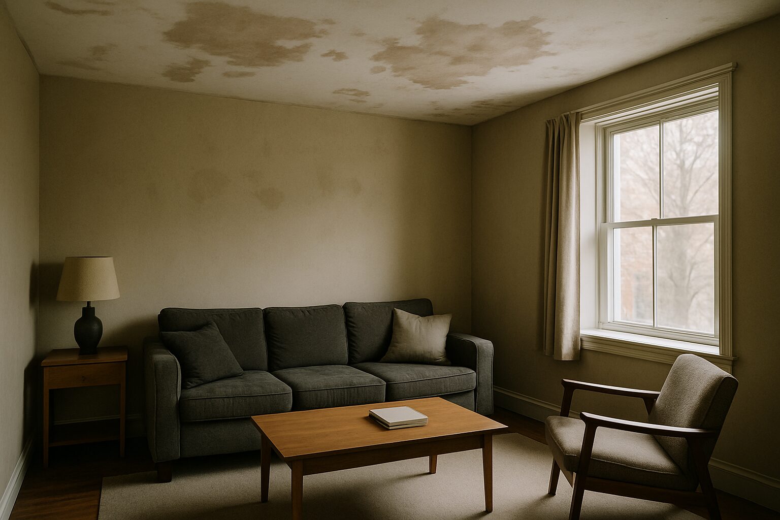 Plafond taché dans un salon, avec lumière douce entrant par la fenêtre.