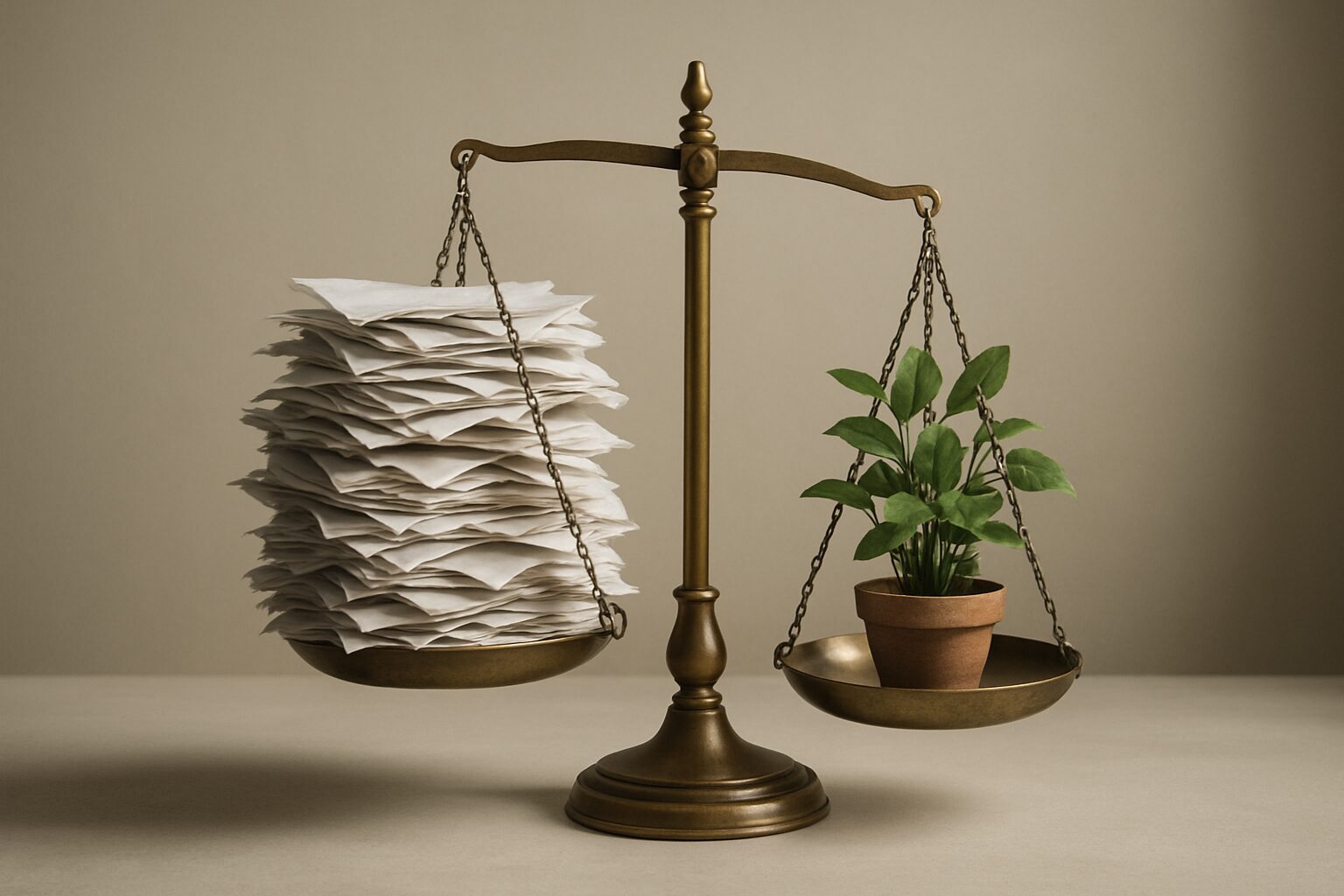 Balance équilibrée avec papiers désordonnés d'un côté et plantes de l'autre, lumière douce.