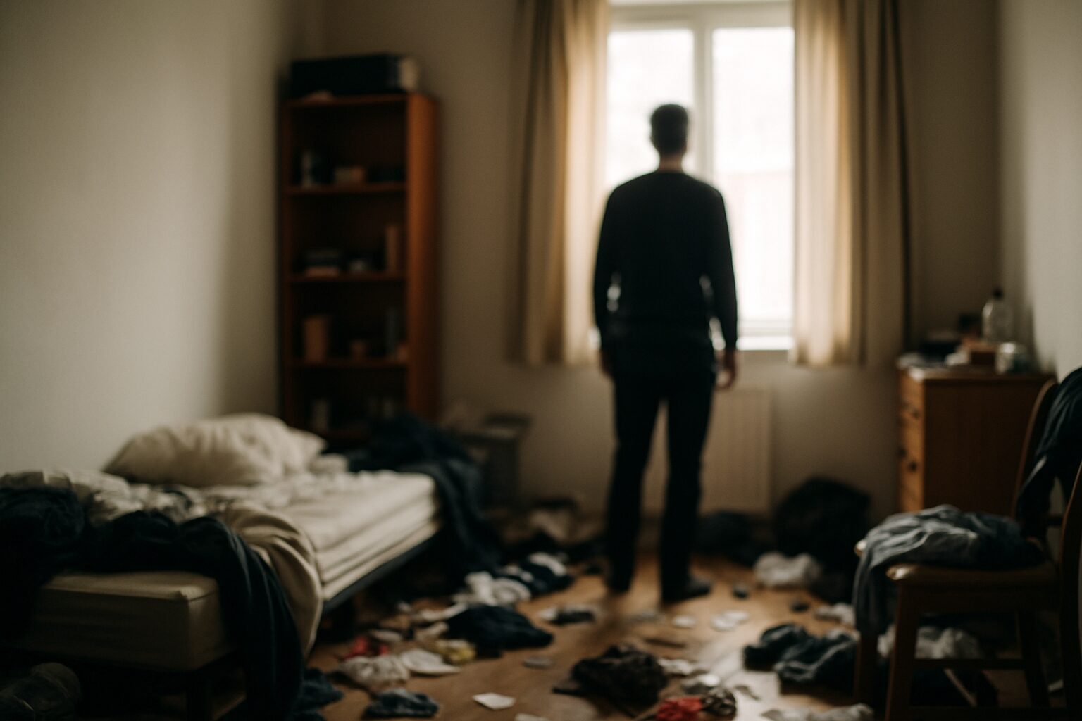 Silhouette floue dans une chambre en désordre, lumière douce, désordre visible