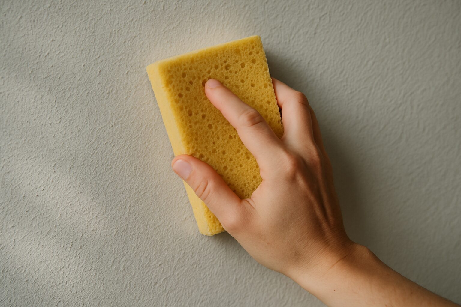 Éponge humidifiée nettoyant un mur avec une main en action, lumière naturelle.