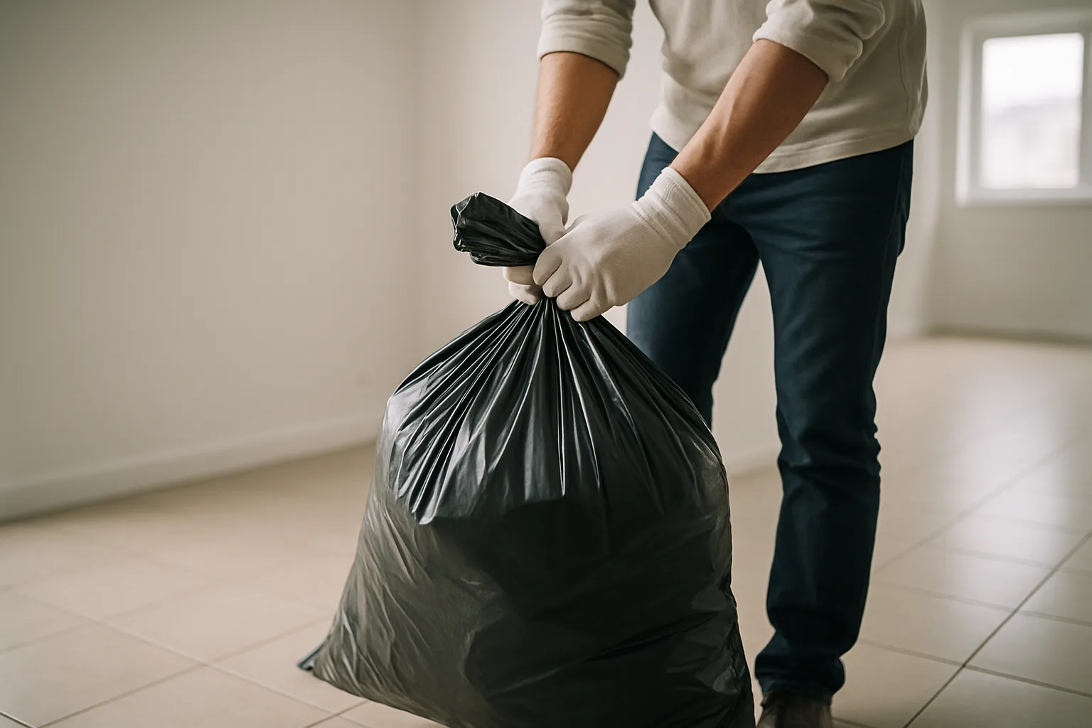 Mains gantées soulevant un sac-poubelle rempli dans un appartement vide.