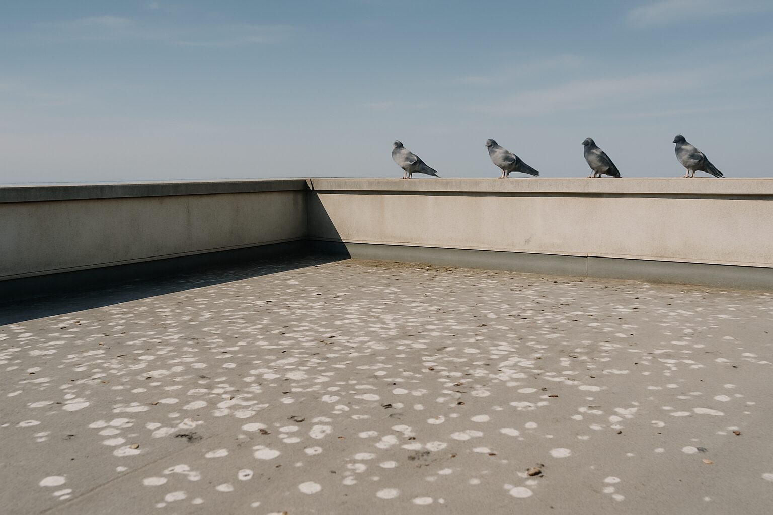 Toit en terrasse avec des fientes de pigeon et quelques pigeons perchés.