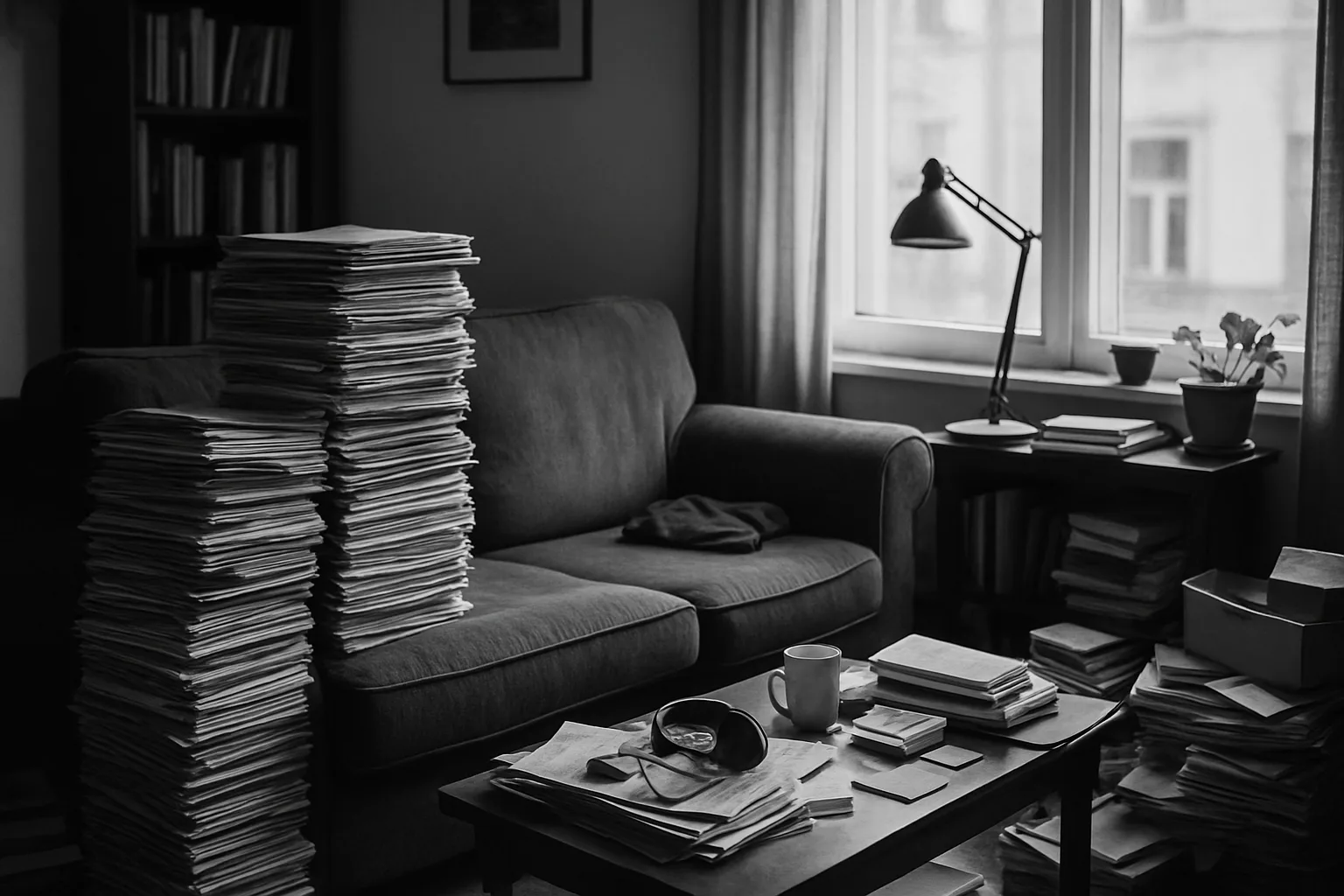 Salon encombré avec journaux et objets divers, lumière naturelle.