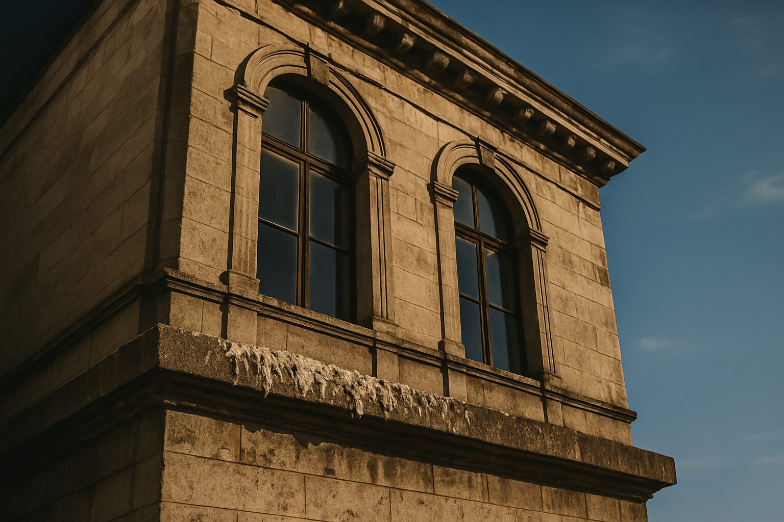 Bâtiment ancien avec des fientes de pigeon sur le rebord sous un ciel bleu.