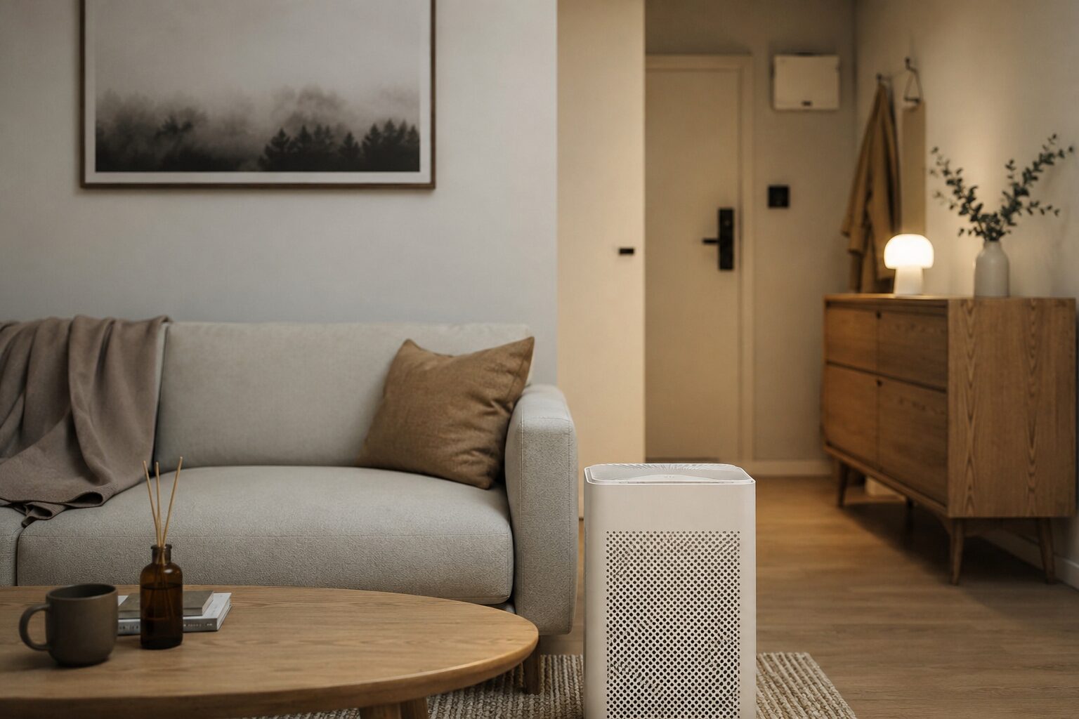 Intérieur de logement sans fenêtres ouvrantes avec purificateur d’air pour éliminer les mauvaises odeurs