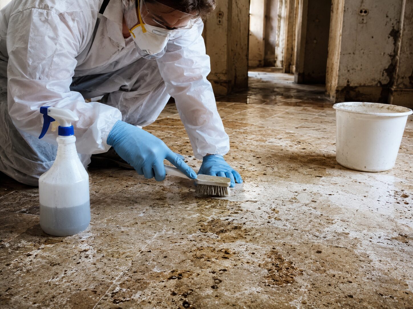 Agent équipé de protections nettoyant une surface en pierre poreuse tachée dans une maison insalubre