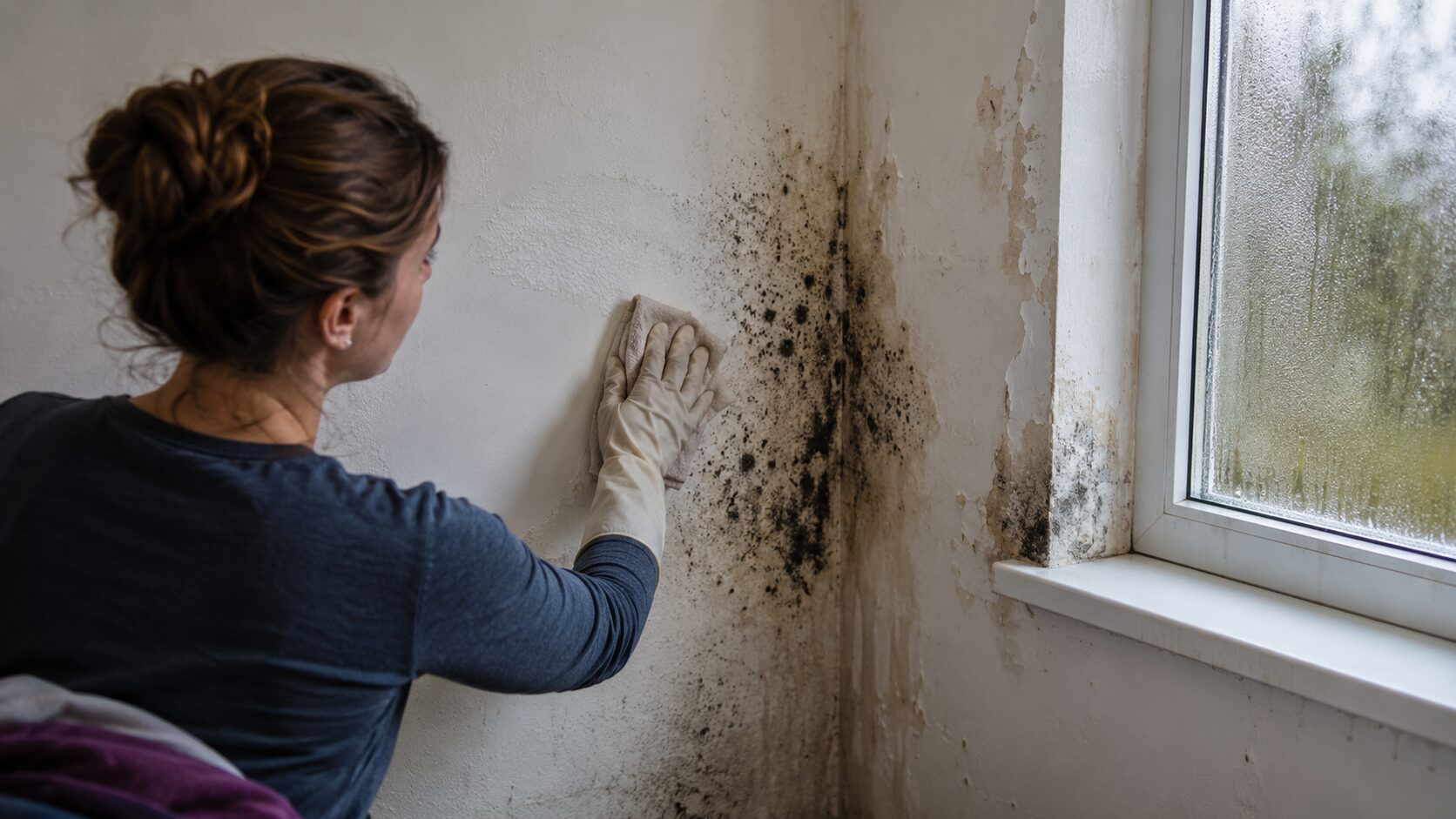 Personne nettoyant un mur moisi près d’une fenêtre avec condensation, illustrant le retour de la moisissure après nettoyage à cause d’une humidité non traitée
