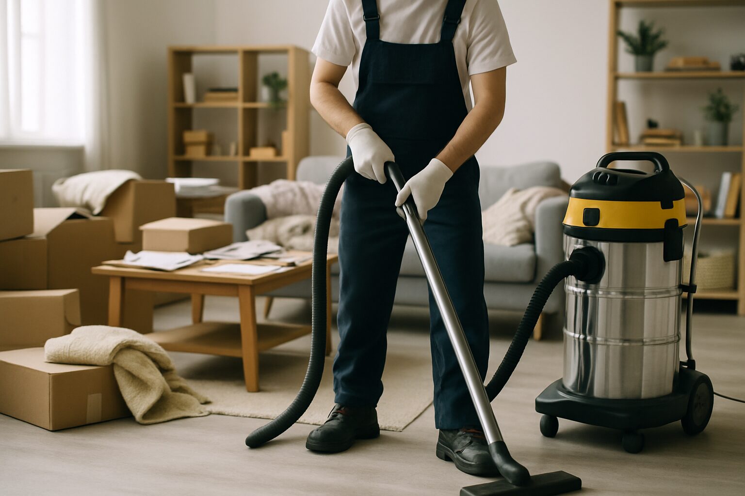 Professionnel nettoyant un appartement encombré avec un aspirateur industriel.