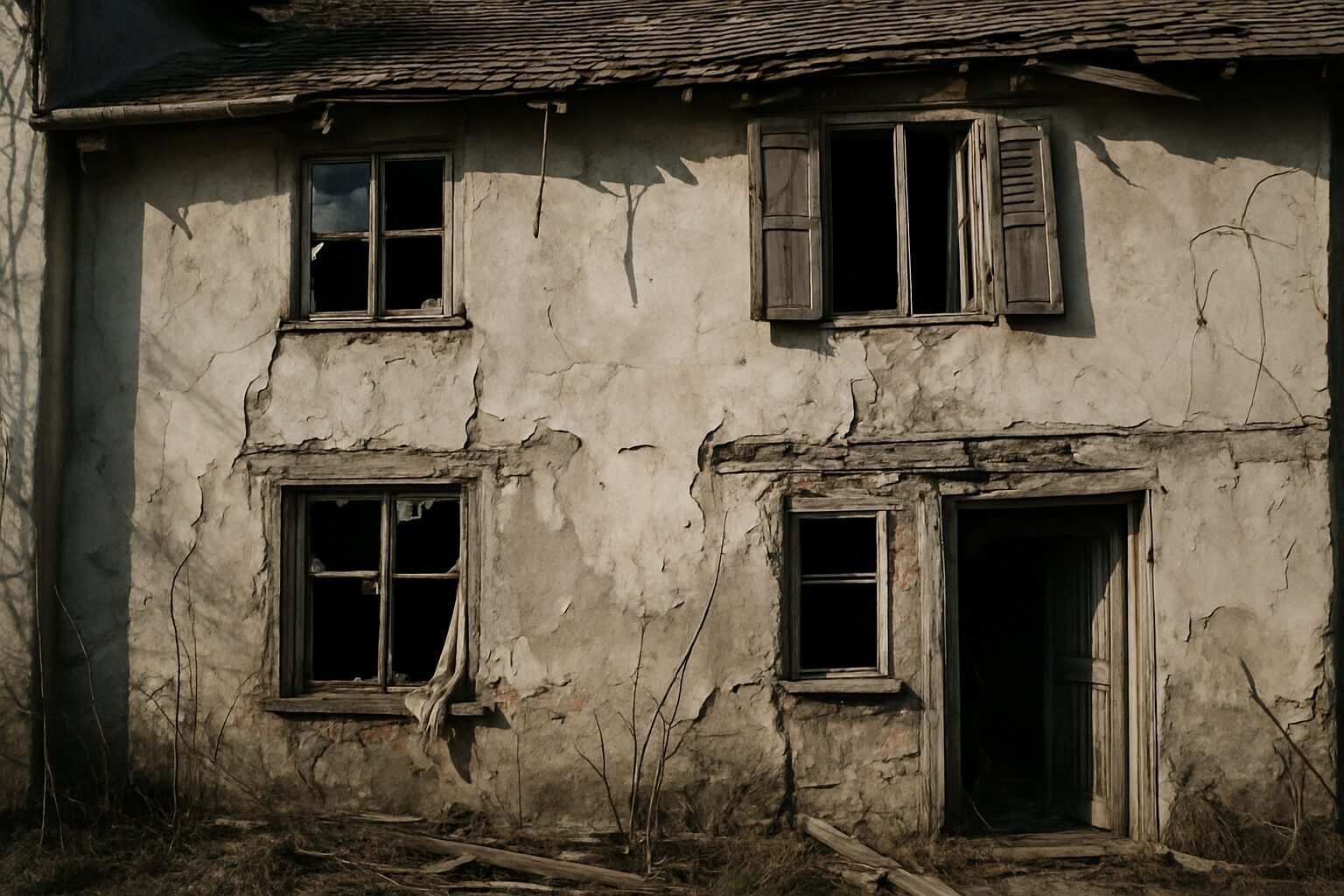 Façade d'une maison en désordre, éclairée par la lumière du jour, signe du syndrome de Diogène.