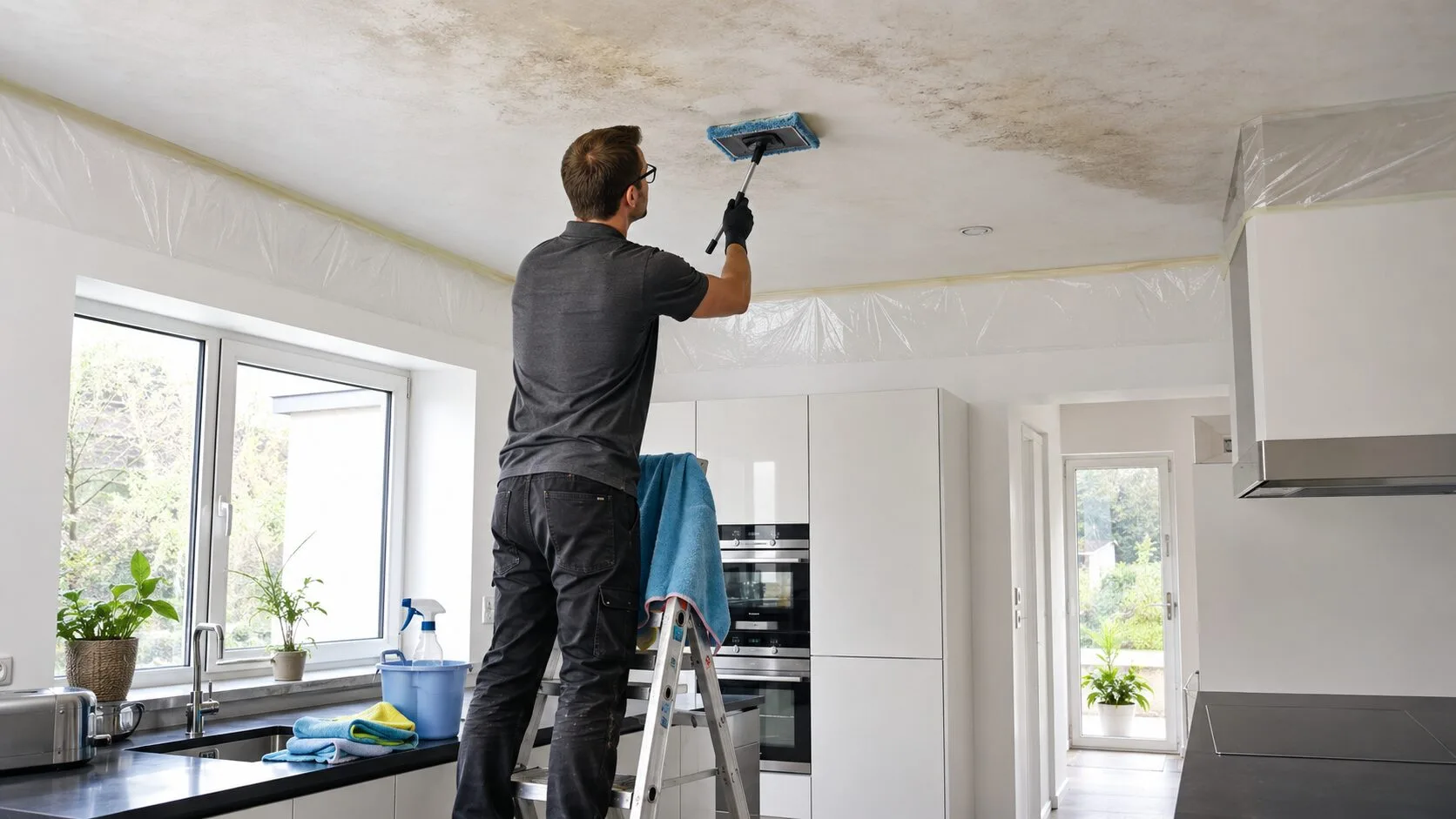 Comment nettoyer un plafond gras sans faire couler la saleté sur les murs déjà nettoyés ?