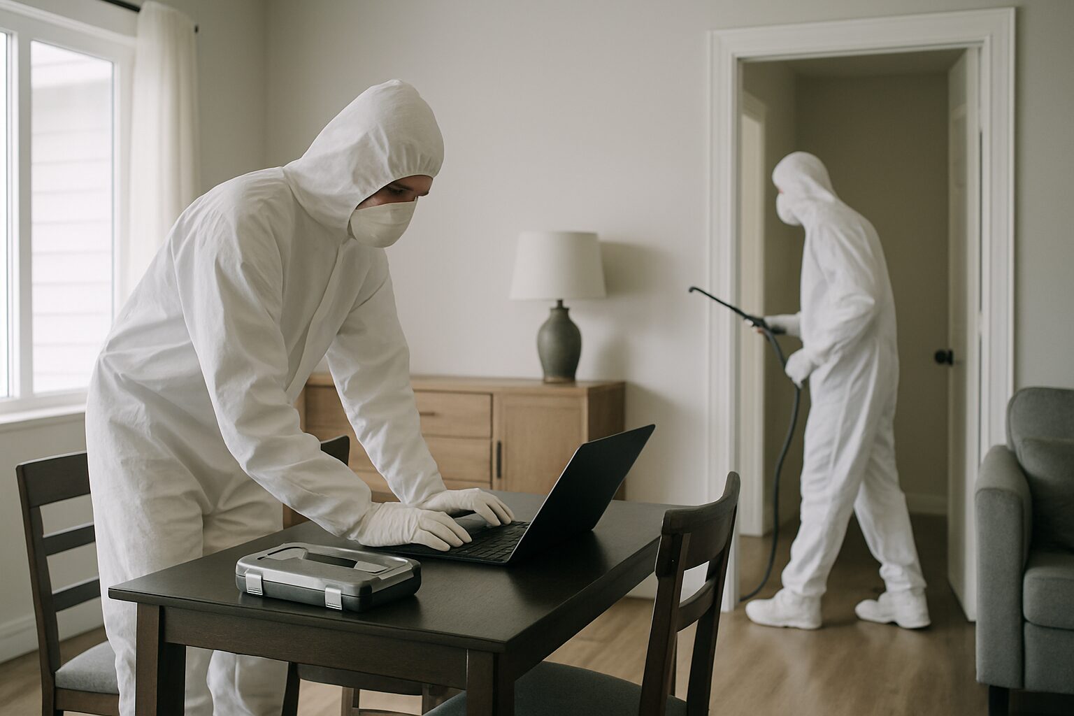 Deux techniciens en combinaisons blanches nettoient une maison après un décès.
