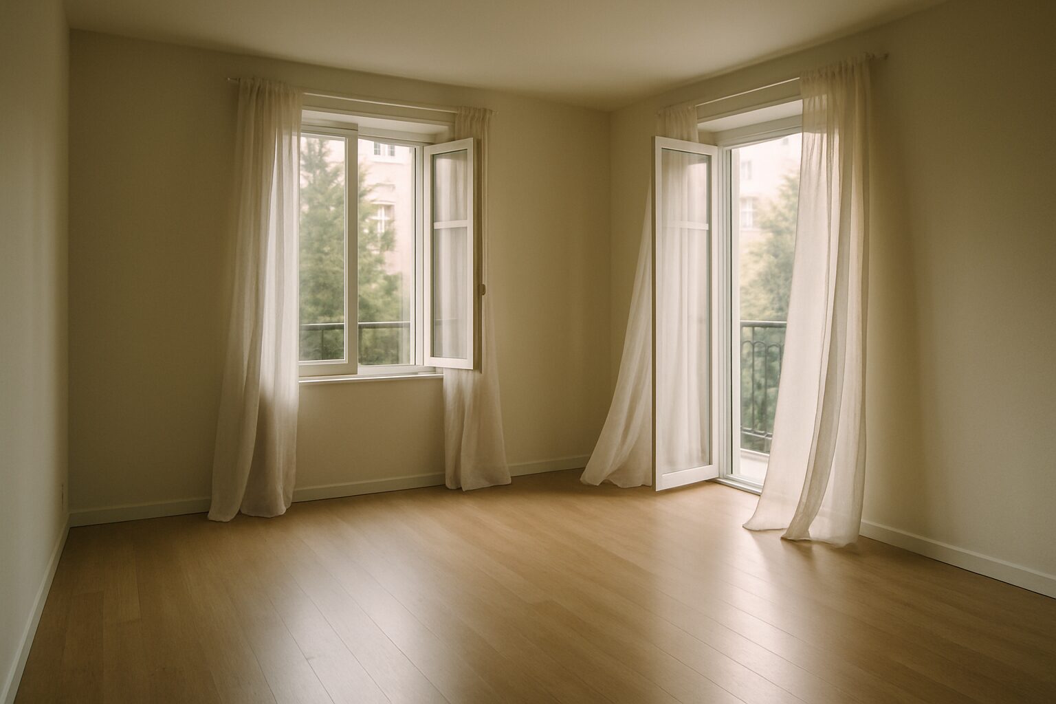 Intérieur d'un appartement vide et propre avec lumière naturelle entrant par les fenêtres.