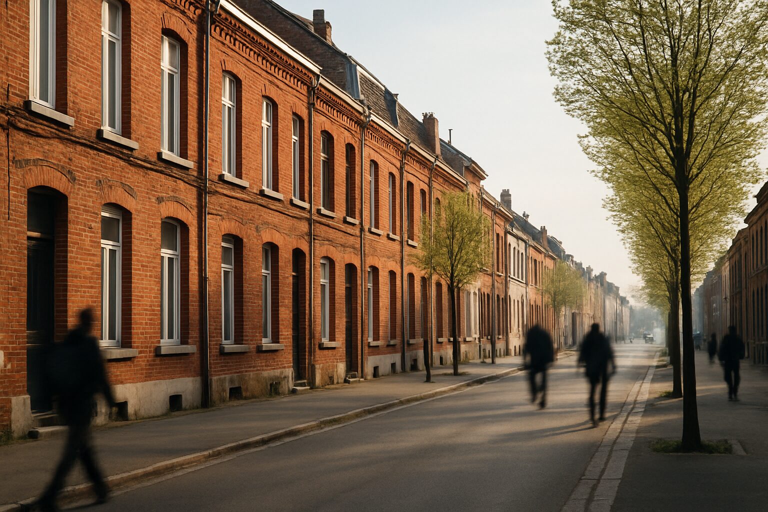 Rue de Roubaix avec façades en briques rouges et passants flous.