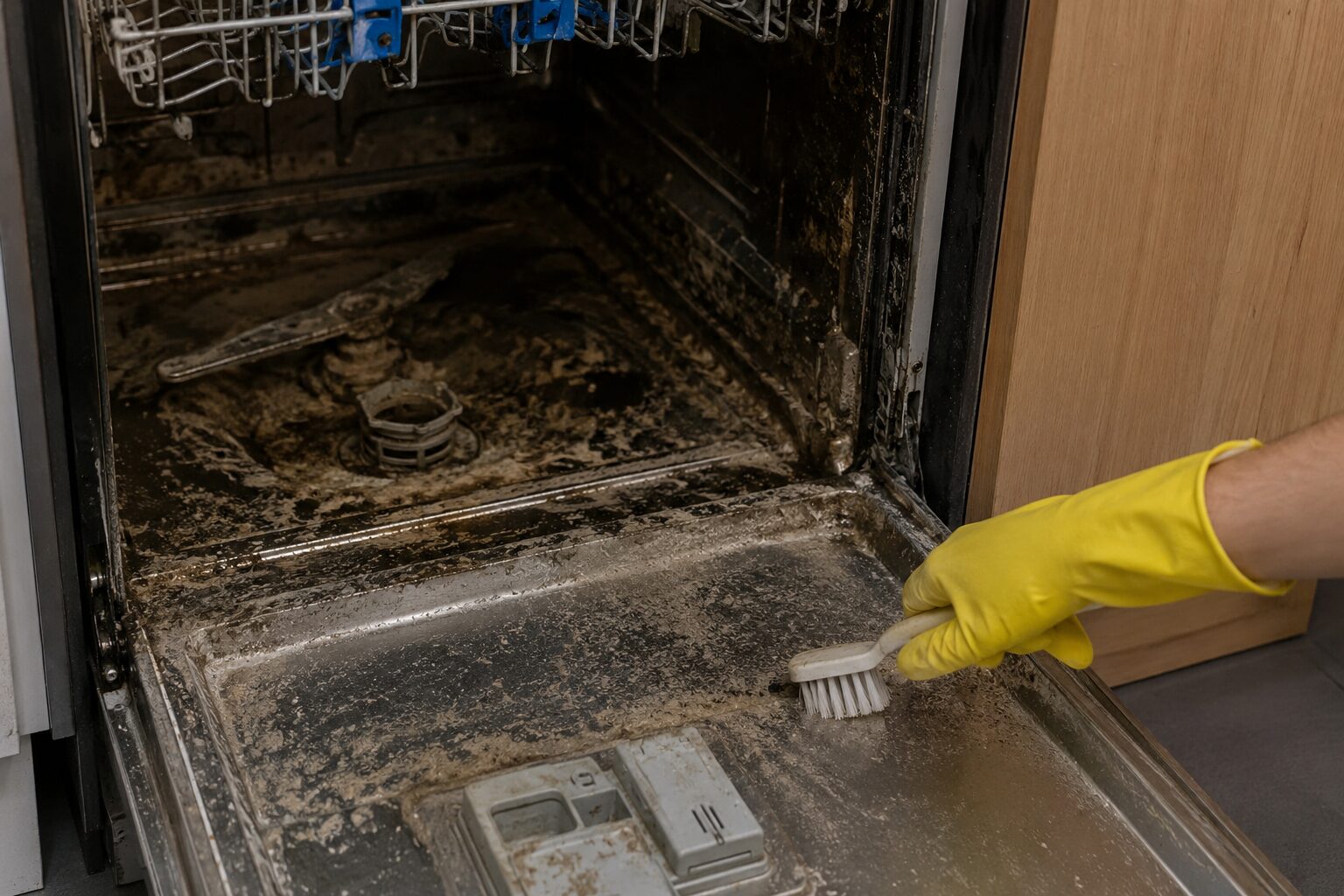 Nettoyage sécurisé d’un lave-vaisselle abandonné et encrassé par du biofilm avec des gants de protection
