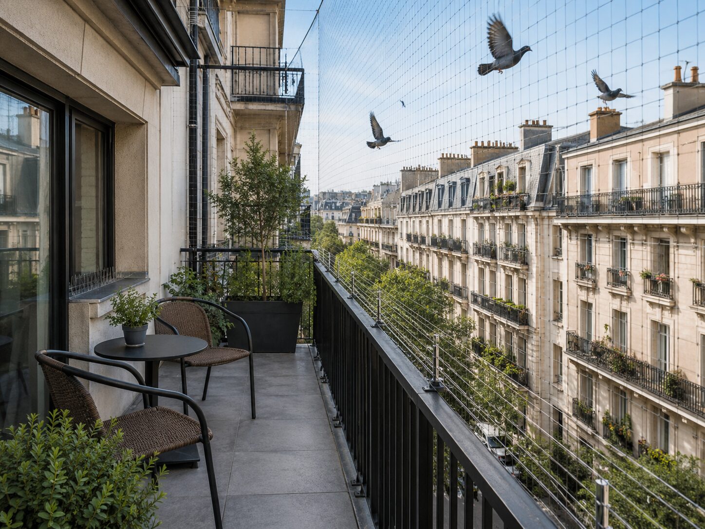 Balcon urbain protégé par un filet discret et des dispositifs silencieux pour empêcher le retour des pigeons sans gêner le voisinage