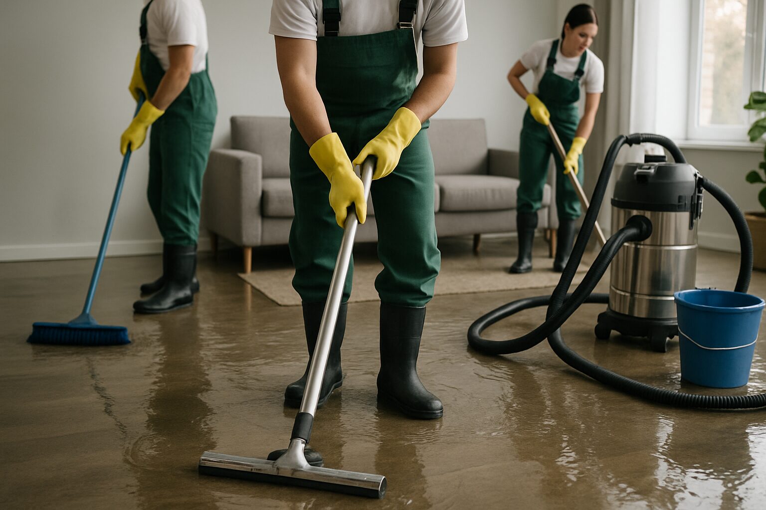Une équipe de nettoyage retire de l'eau dans un salon inondé.