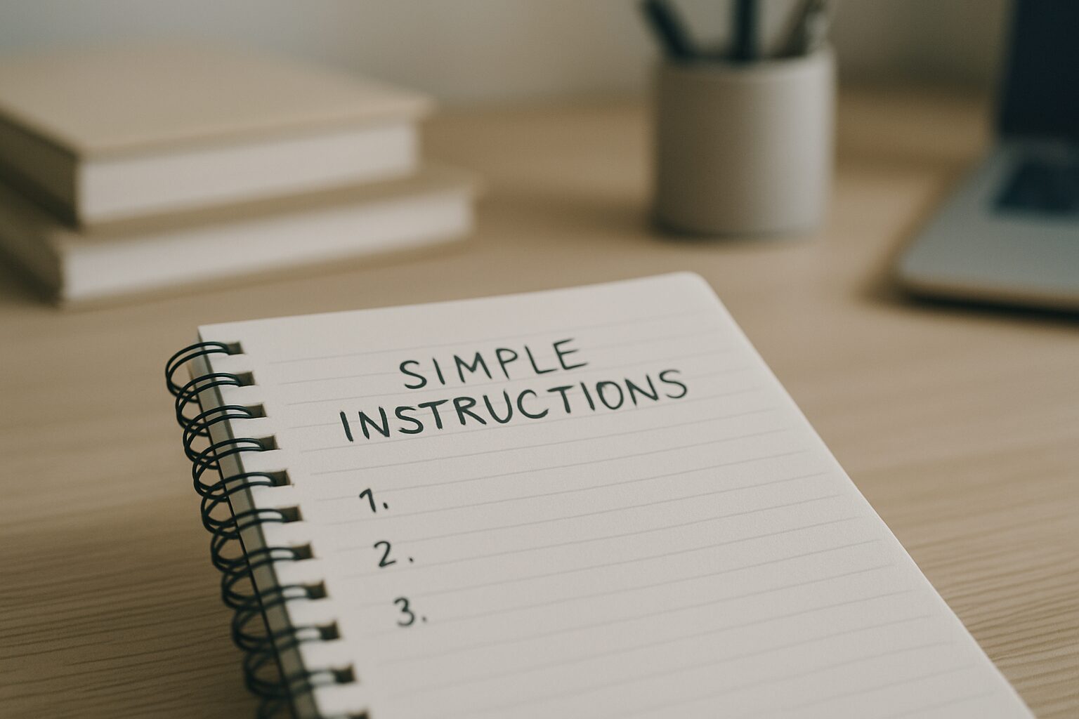 Bloc-notes montrant des consignes simples, éclairé par une lumière naturelle.