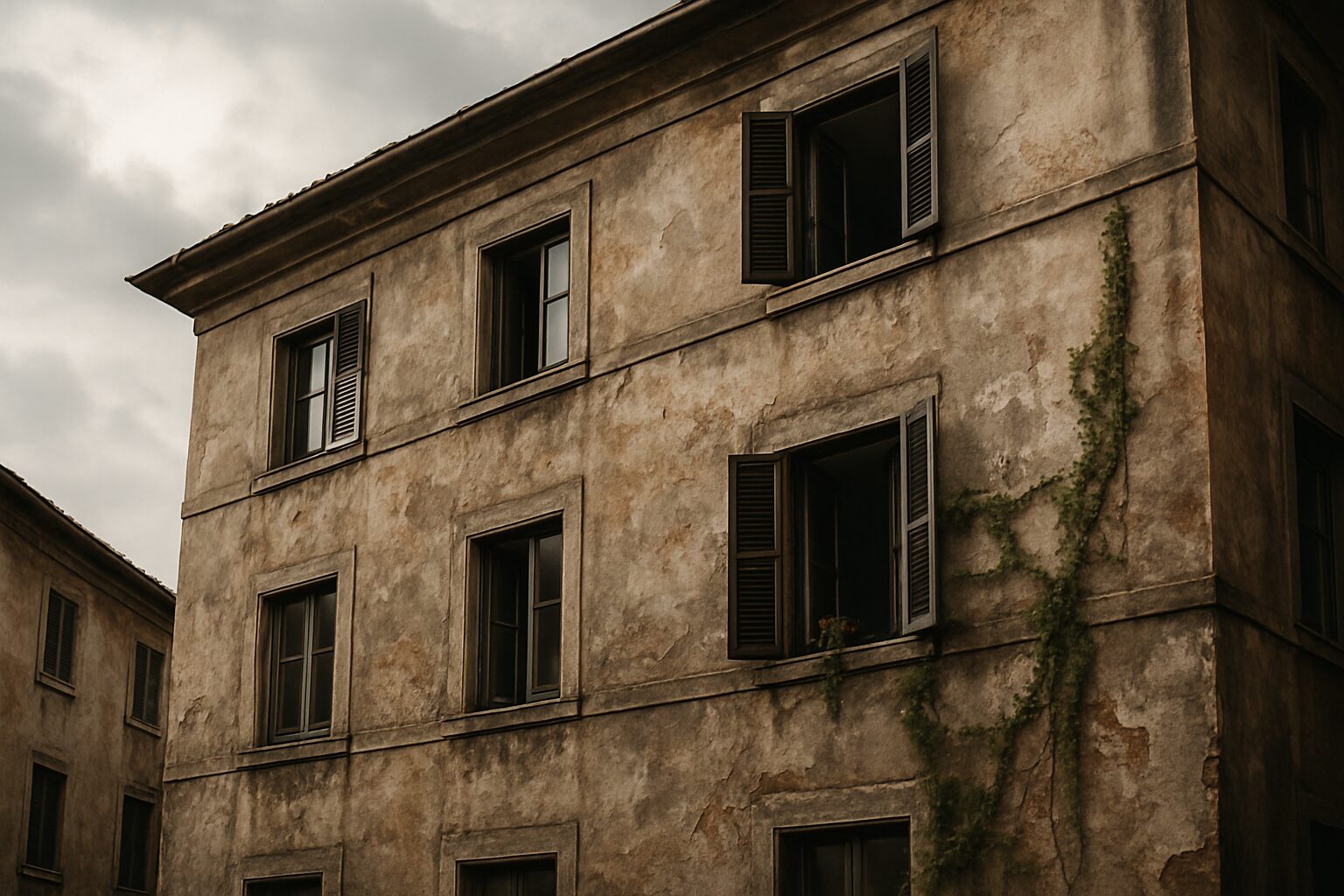 Immeuble ancien avec fenêtres ouvertes, murs décrépits et plantes grimpantes.