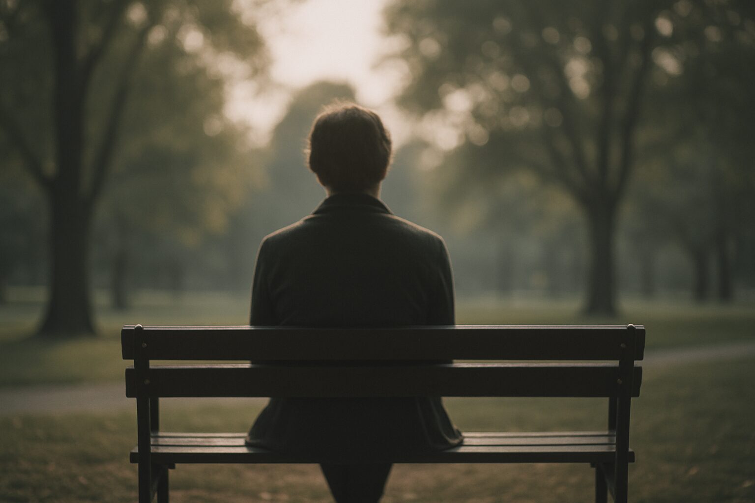 Silhouette floue de dos assise sur un banc, lumière douce, arbres en arrière-plan.