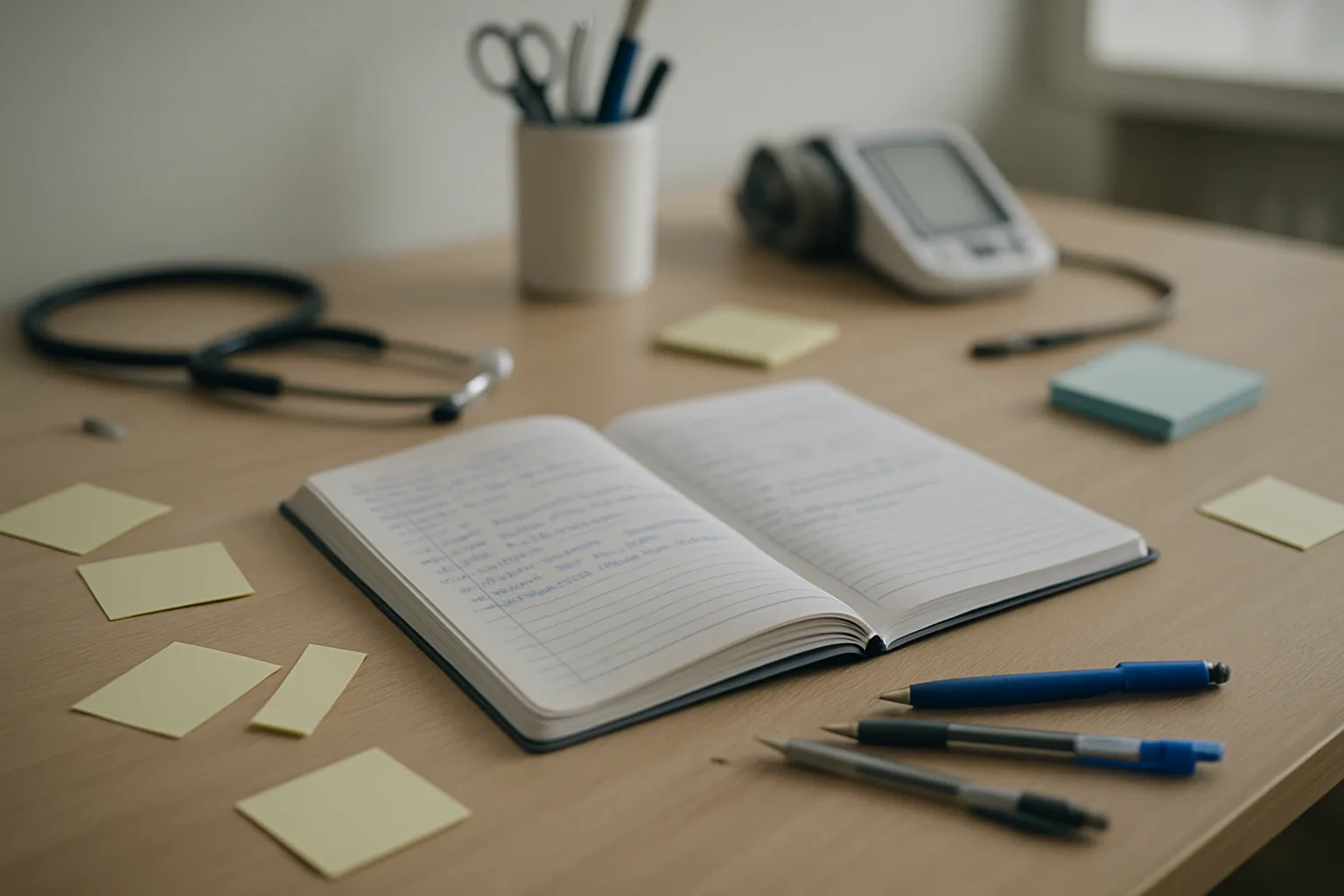Cahier de liaison ouvert sur un bureau médical avec stylos et notes.