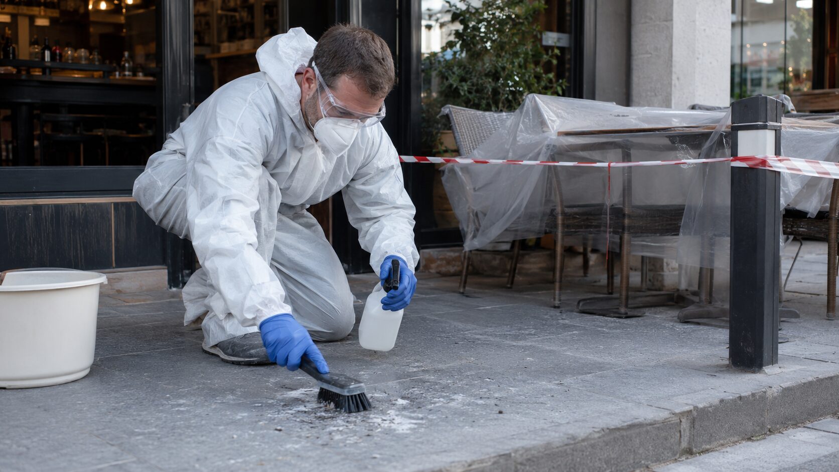Technicien équipé nettoyant la poussière de guano devant un restaurant avec protection respiratoire et zone sécurisée
