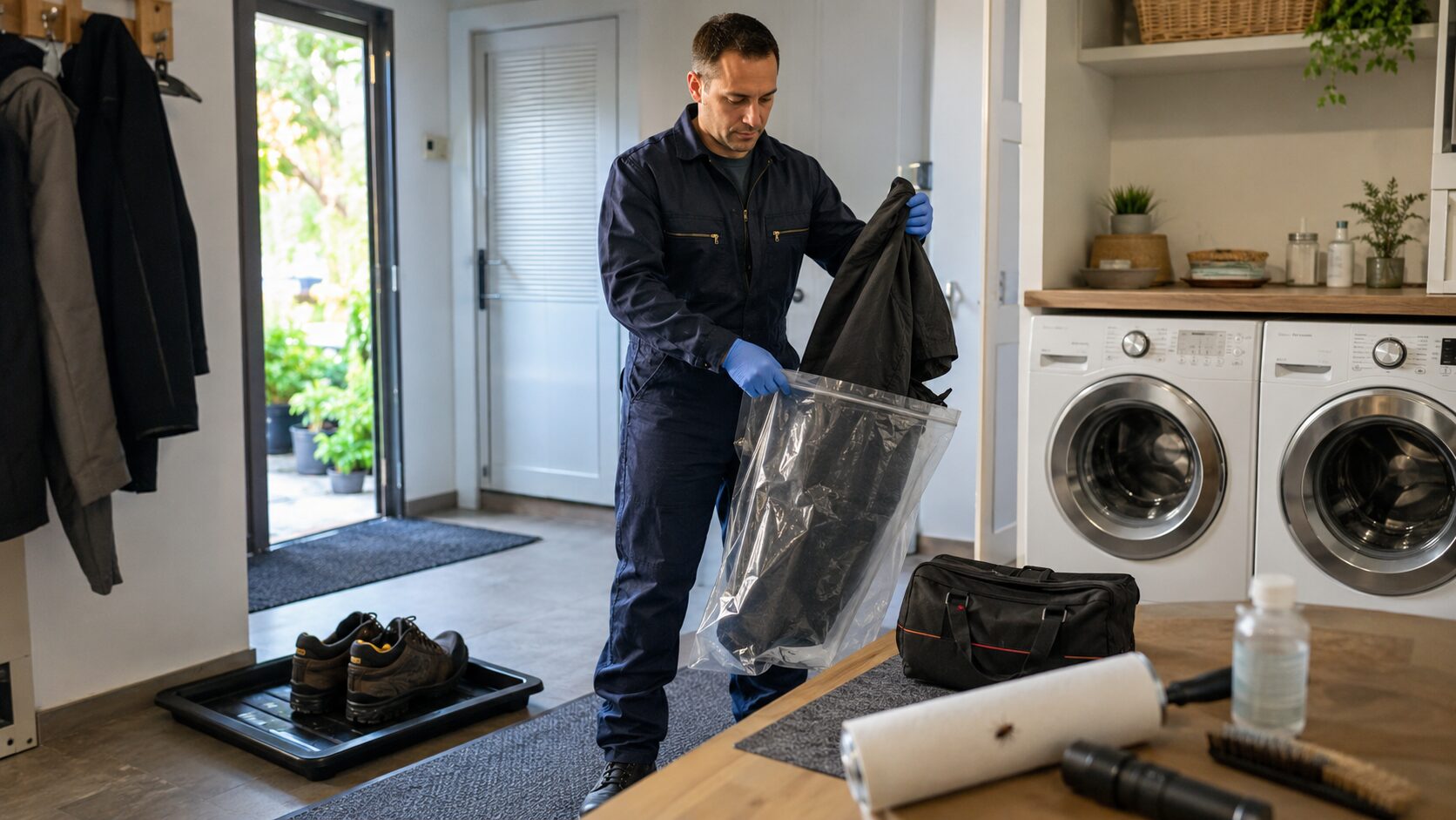 Homme inspectant ses vêtements et isolant ses affaires après une intervention pour éviter de ramener des punaises de lit chez lui