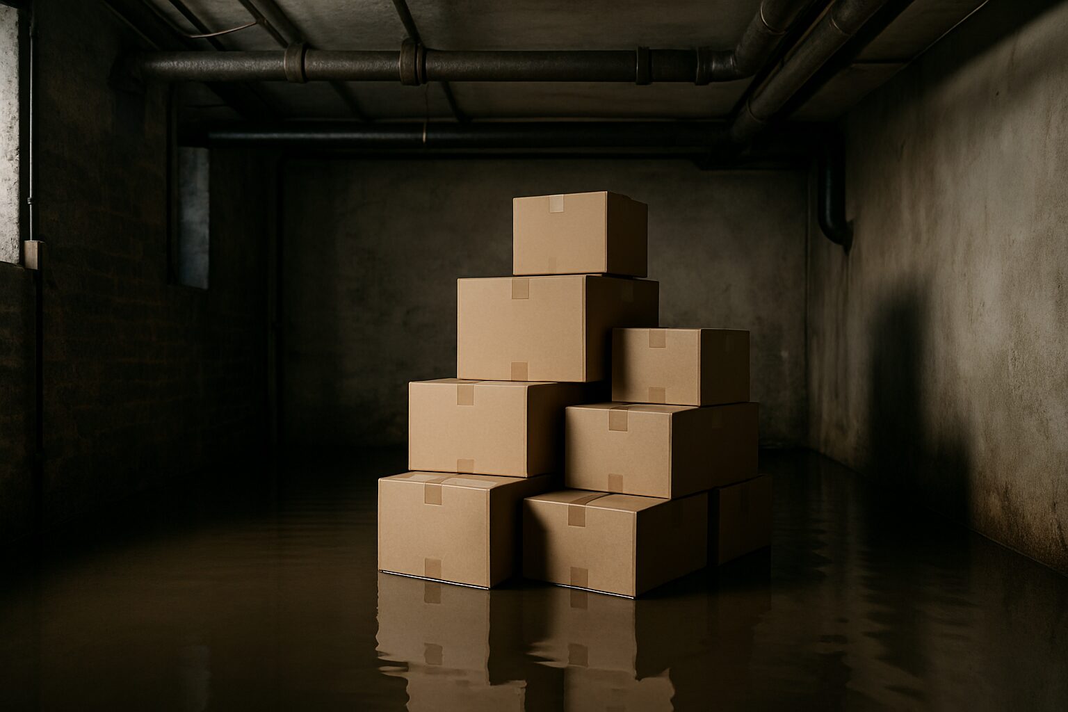 Sous-sol inondé avec eau stagnante et cartons empilés, lumière tamisée.