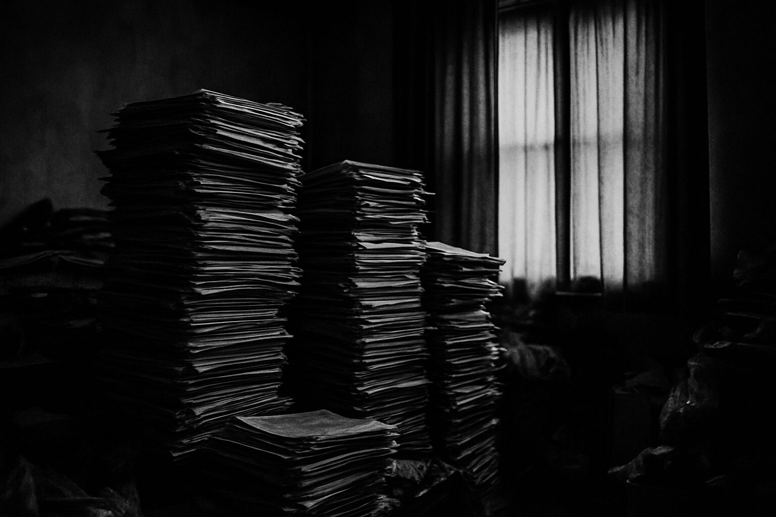 Appartement encombré avec piles de journaux et rideaux opaques, ambiance sombre