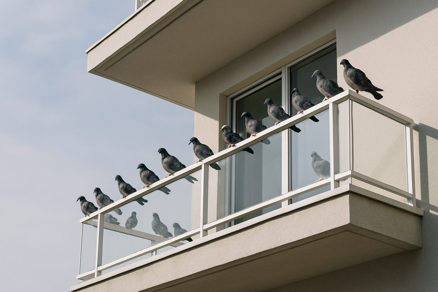 Balcon moderne avec plusieurs pigeons perchés sur la balustrade, éclairés par la lumière du matin.