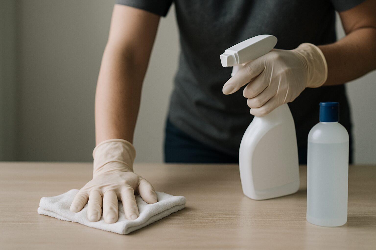 Nettoyage après un décès avec des gants et produits désinfectants sur une table