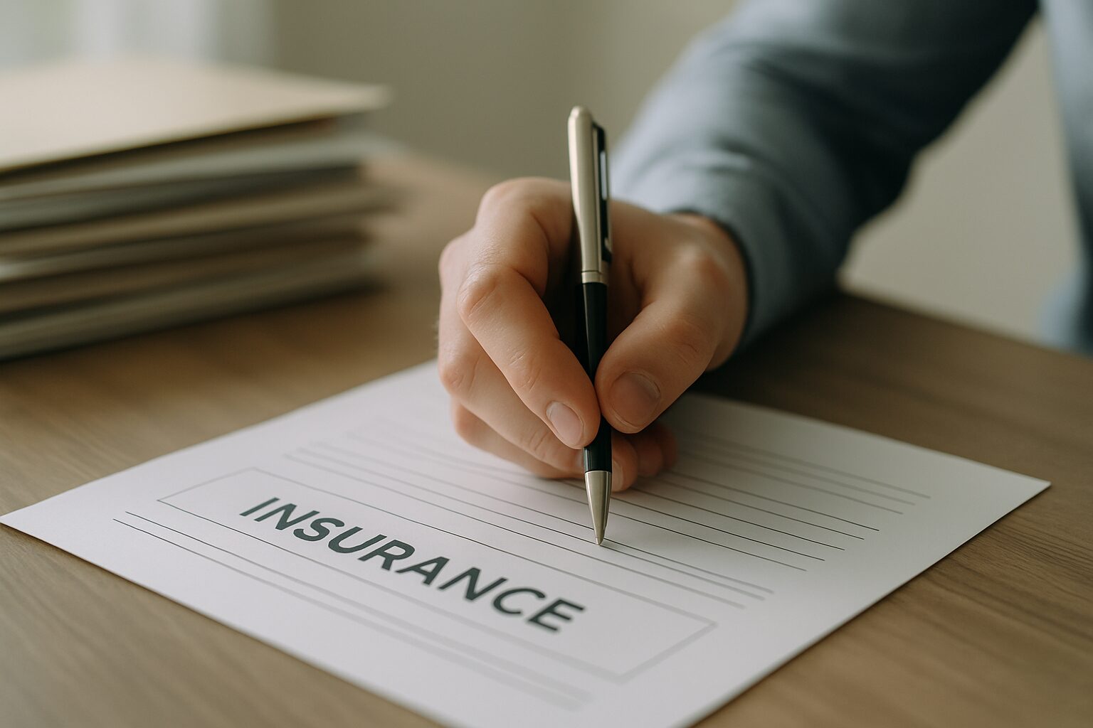 Main tenant un stylo au-dessus d'un formulaire d'assurance, dossiers en arrière-plan.
