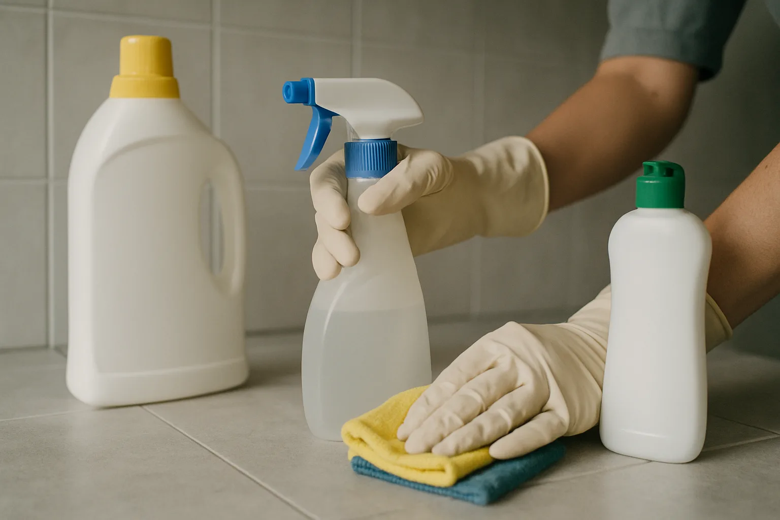 Mains en gants de caoutchouc utilisant des produits et outils de nettoyage spécifiques.