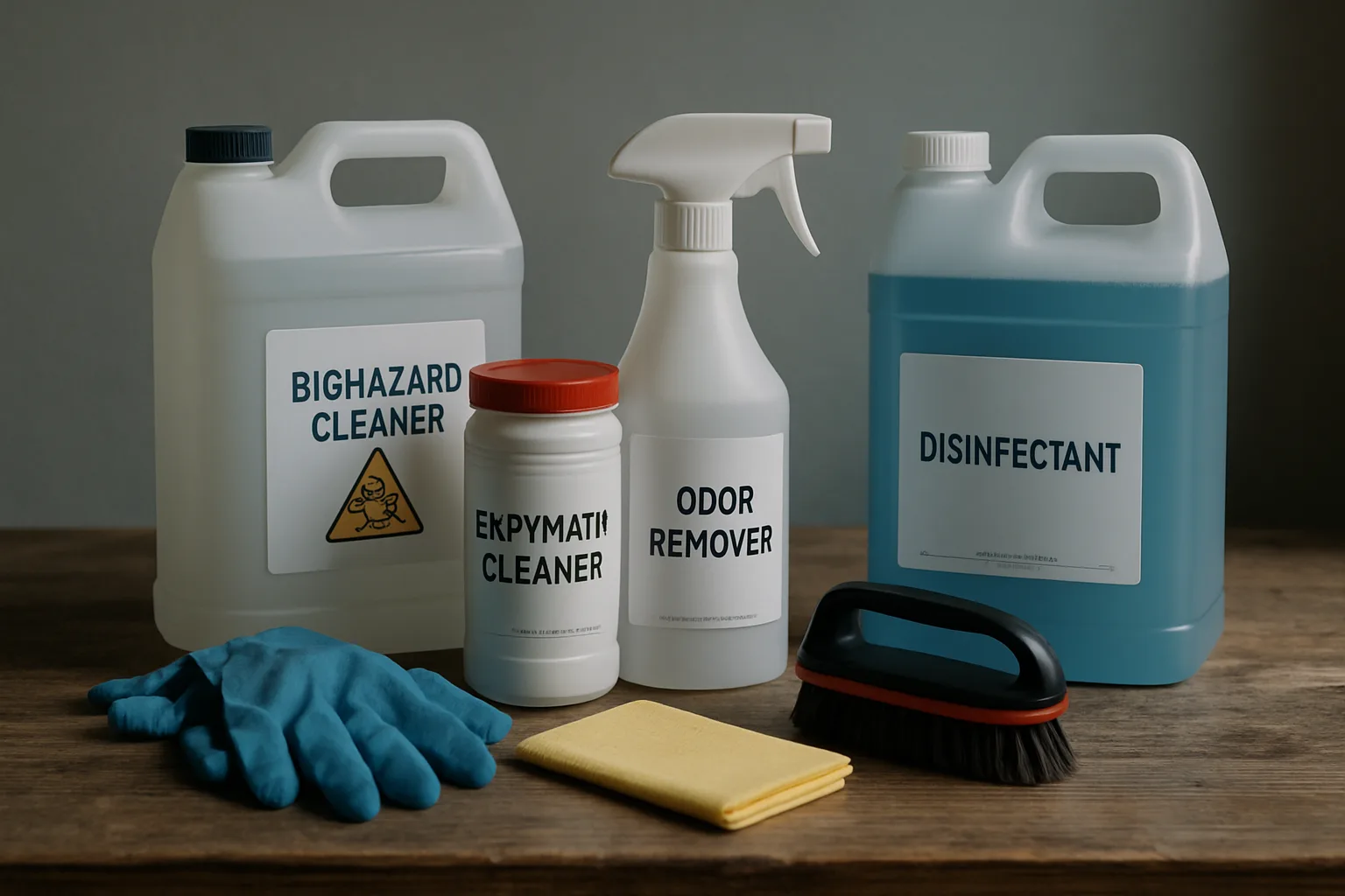 Produits de nettoyage spécialisés pour interventions après décès sur table en bois.