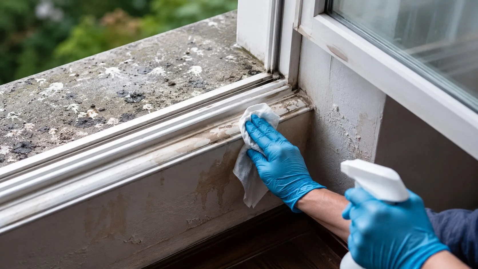 Comment nettoyer un rebord de fenêtre contaminé par fientes avec infiltration à l’intérieur ?