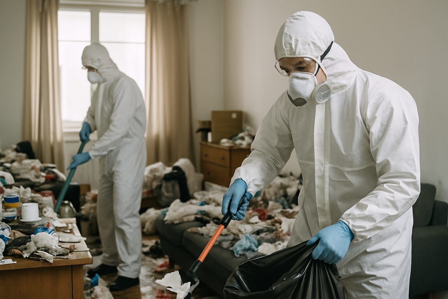 Deux techniciens en combinaison nettoient un appartement encombré, lumière neutre.