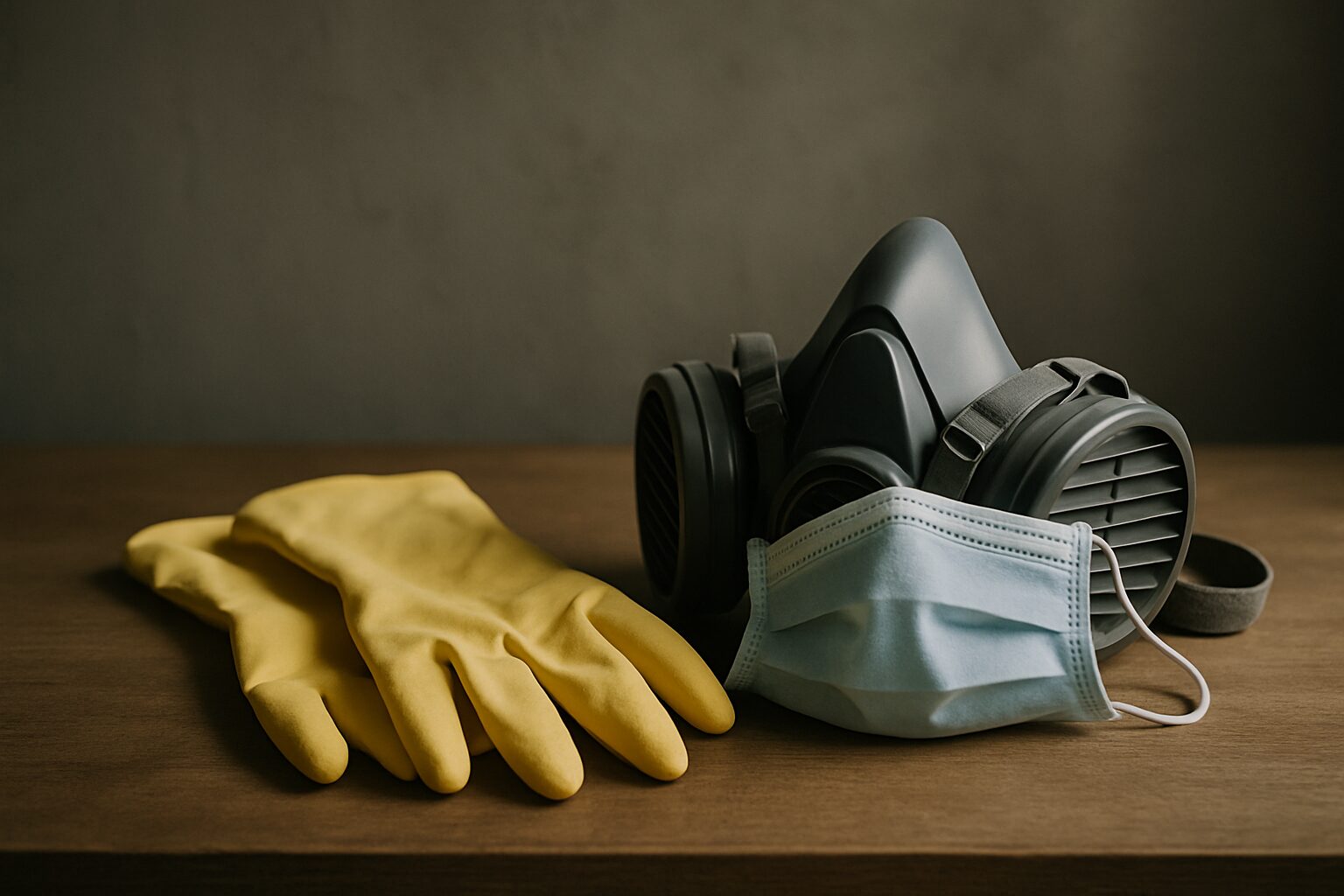 Gants en caoutchouc et masque respiratoire sur une table, éclairage latéral