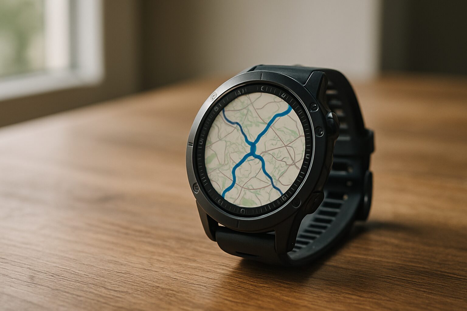 Montre GPS moderne sur une table, écran allumé avec carte