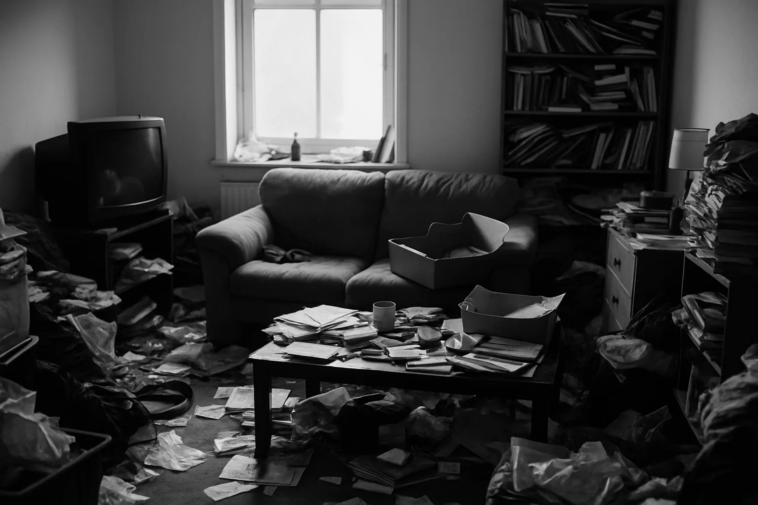 Intérieur encombré avec objets éparpillés, illustrant un environnement chaotique.