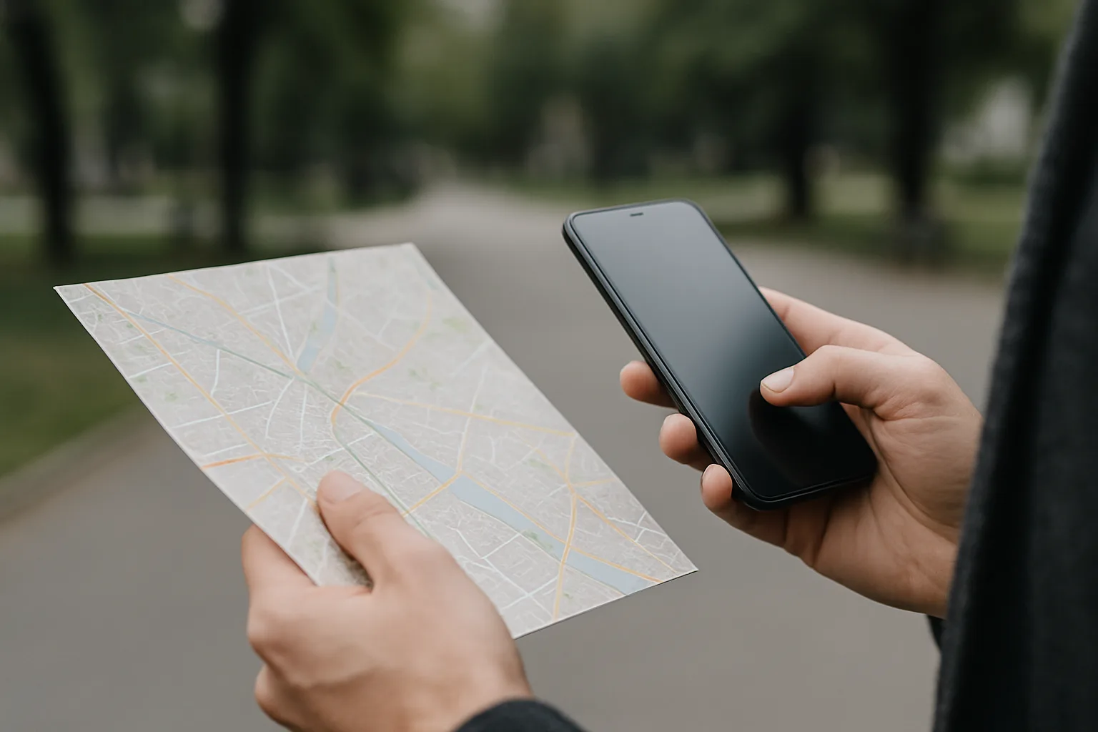 Mains tenant une carte et un téléphone, arrière-plan flou de parc urbain