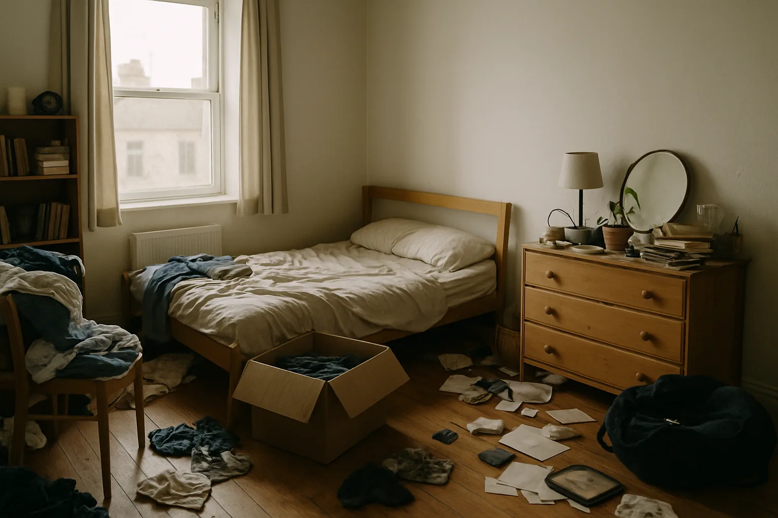 Chambre remplie d'objets divers, lumière naturelle, ambiance encombrée