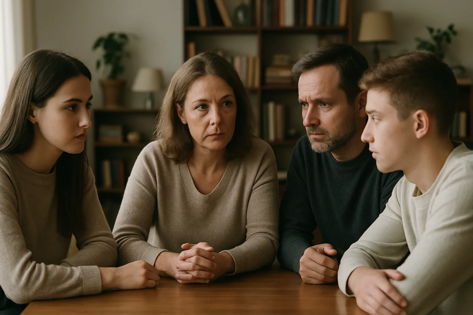 Famille assise autour d'une table, discutant sérieusement, dans une ambiance chaleureuse.