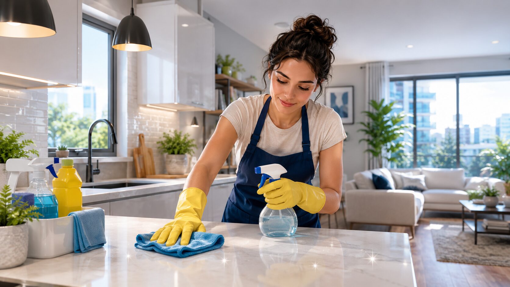 Désinfection d’un appartement avec nettoyage d’un plan de travail