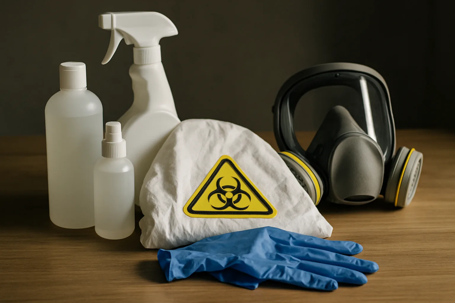 Table avec gants, désinfectants et combinaisons pour nettoyage biohazard.
