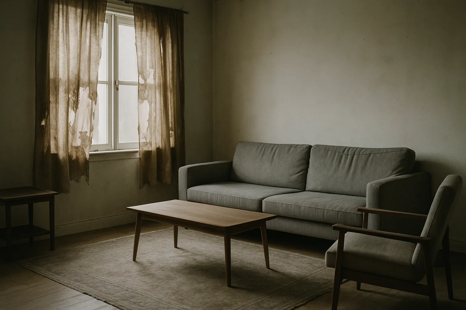 Salon avec rideaux abîmés et tapis usé, lumière naturelle, mobilier minimaliste.