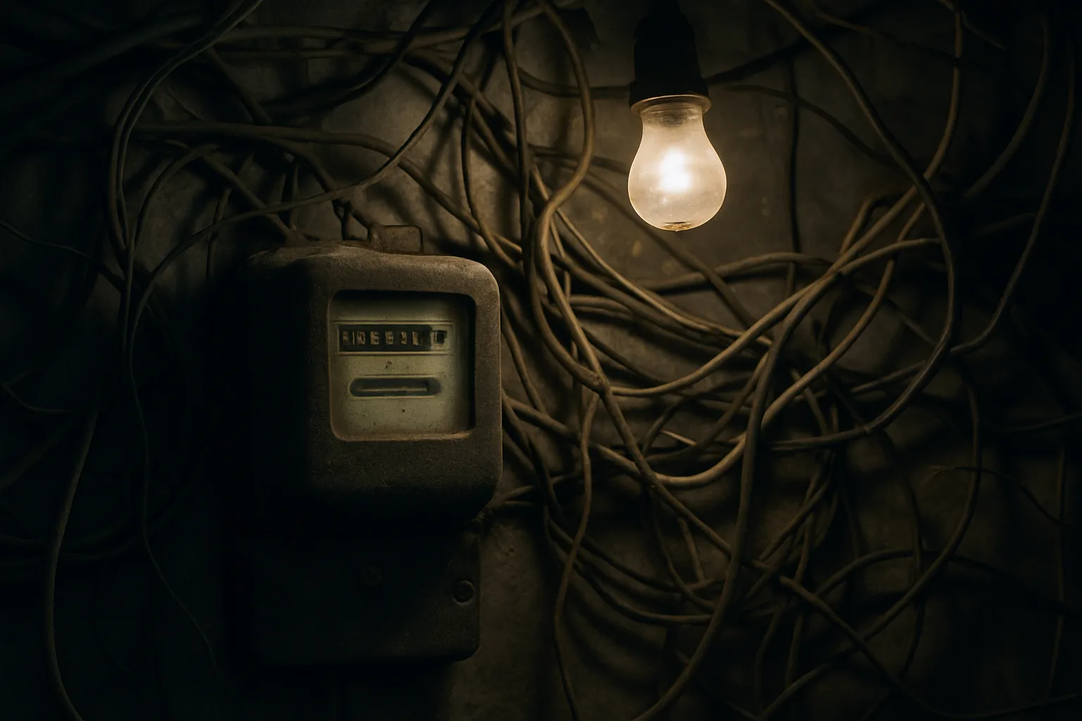 Ancien compteur électrique poussiéreux avec câbles emmêlés, lumière tamisée.