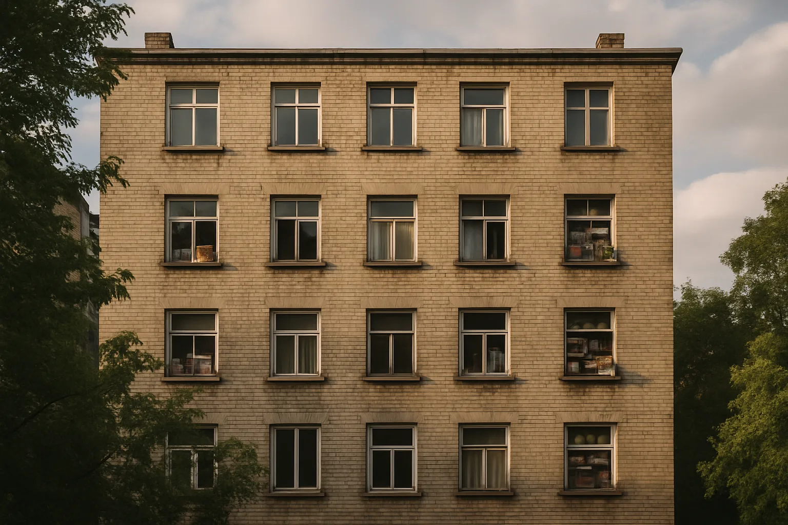Façade d'immeuble avec fenêtres encombrées d'objets, ciel nuageux.