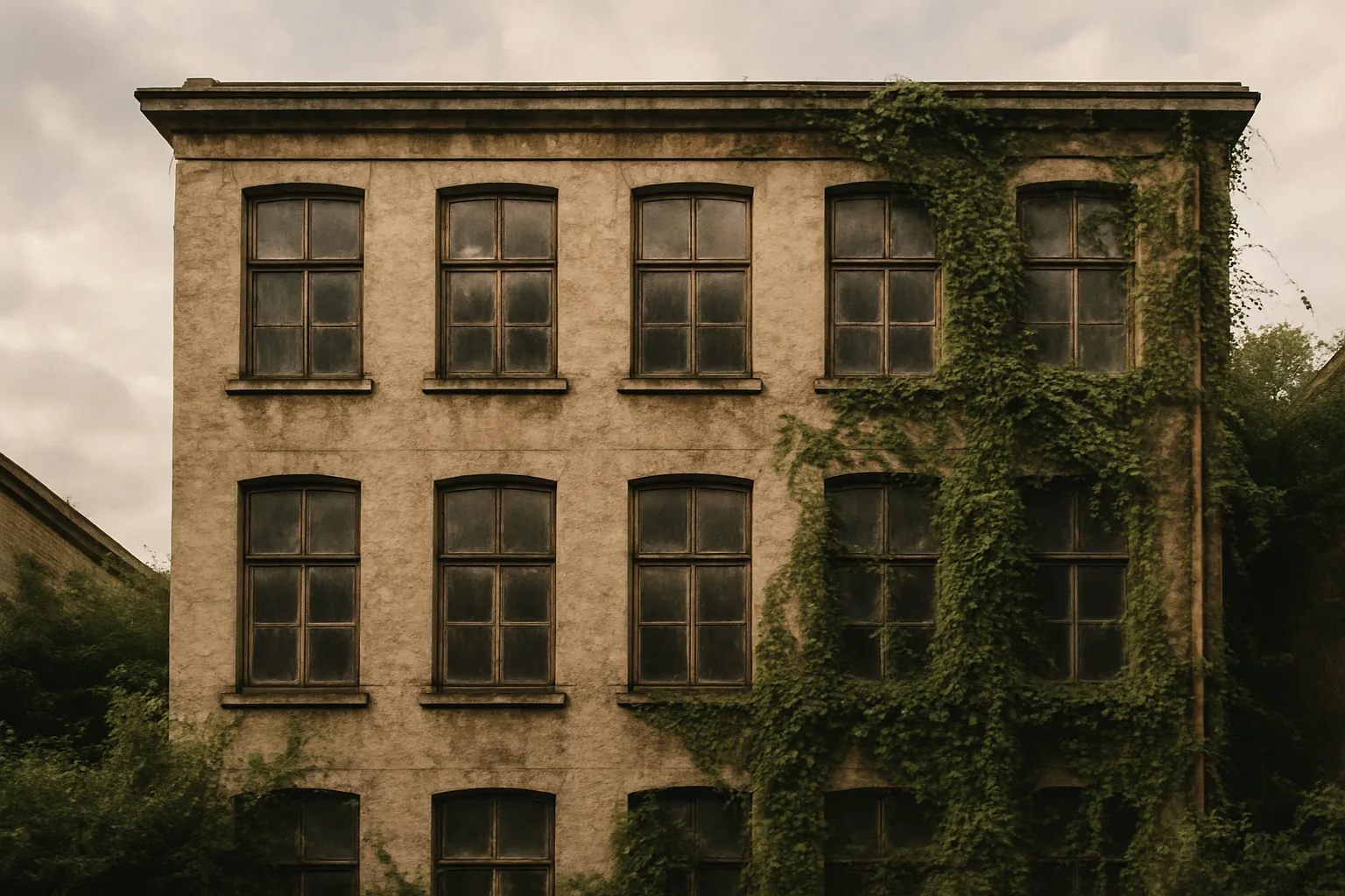 Façade d'un immeuble ancien avec des fenêtres sales et des plantes envahissantes