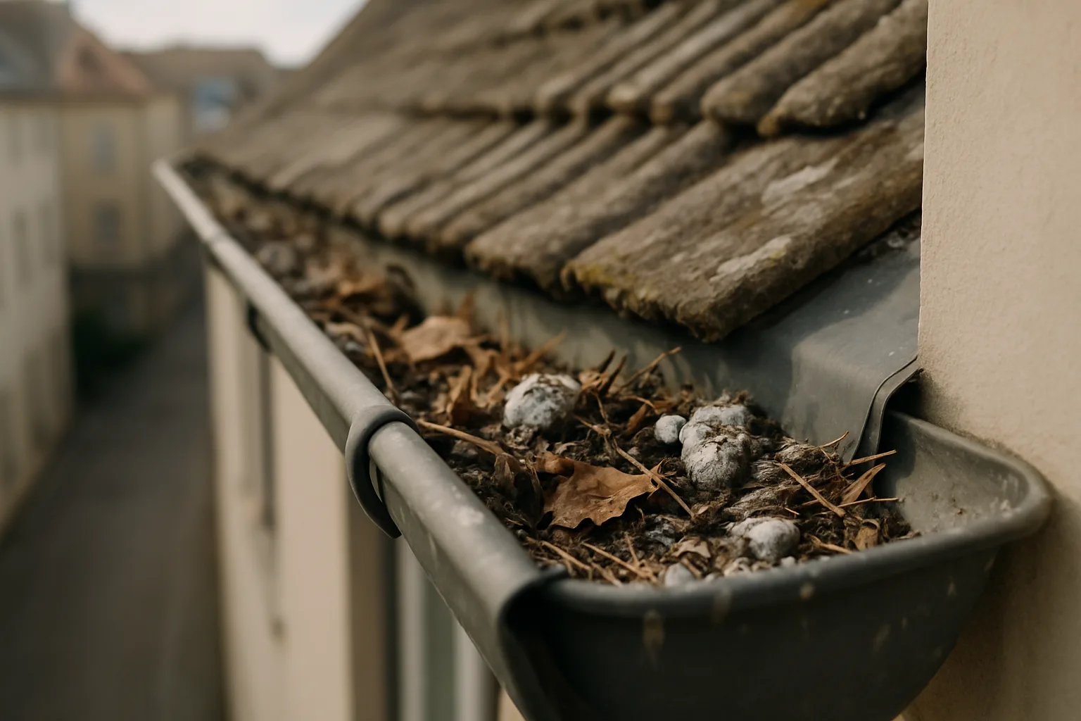 Gouttière d'immeuble obstruée par des fientes de pigeon et débris naturels