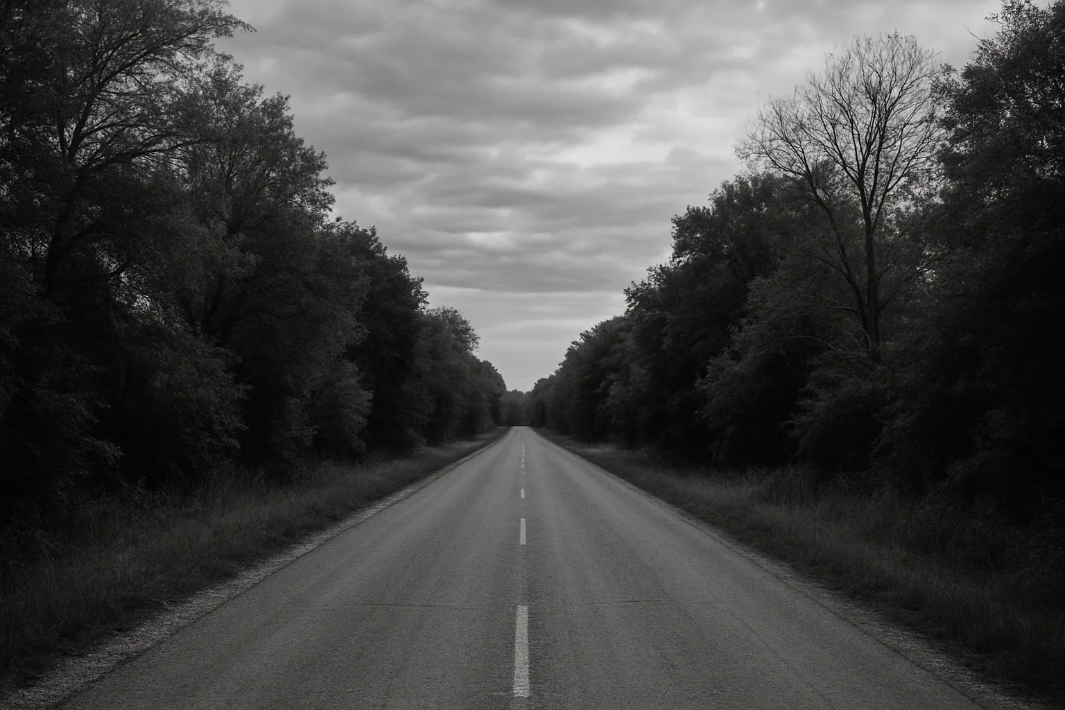 Route de campagne vide sous un ciel nuageux, entourée d'arbres.