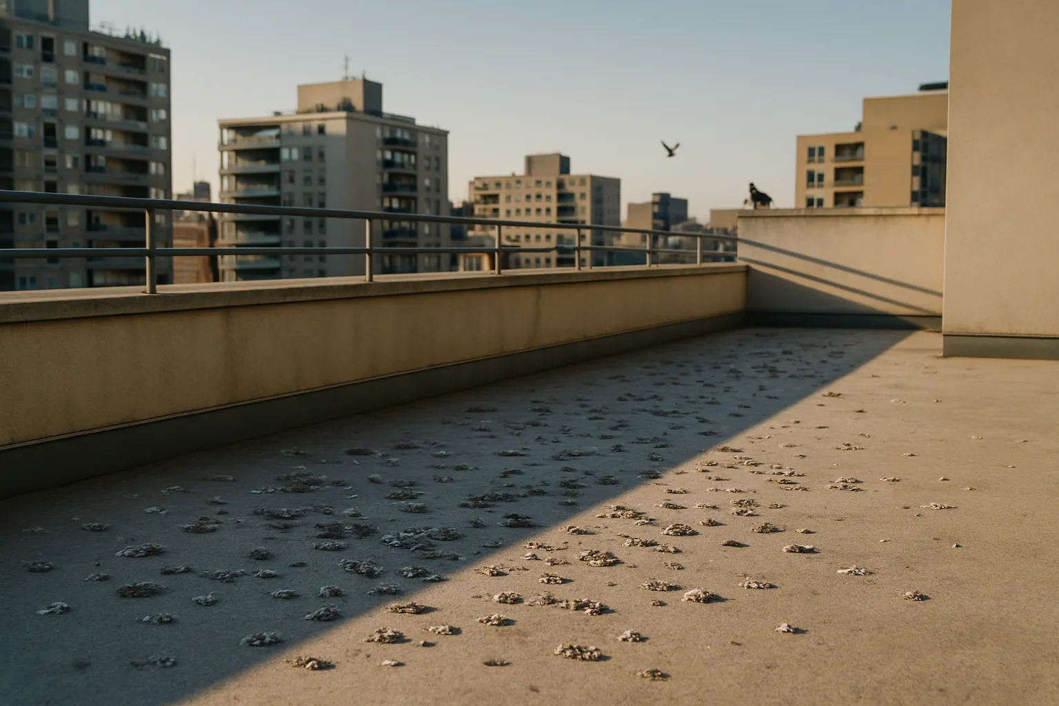 Terrasse d'immeuble avec fientes de pigeon et quelques pigeons visibles.